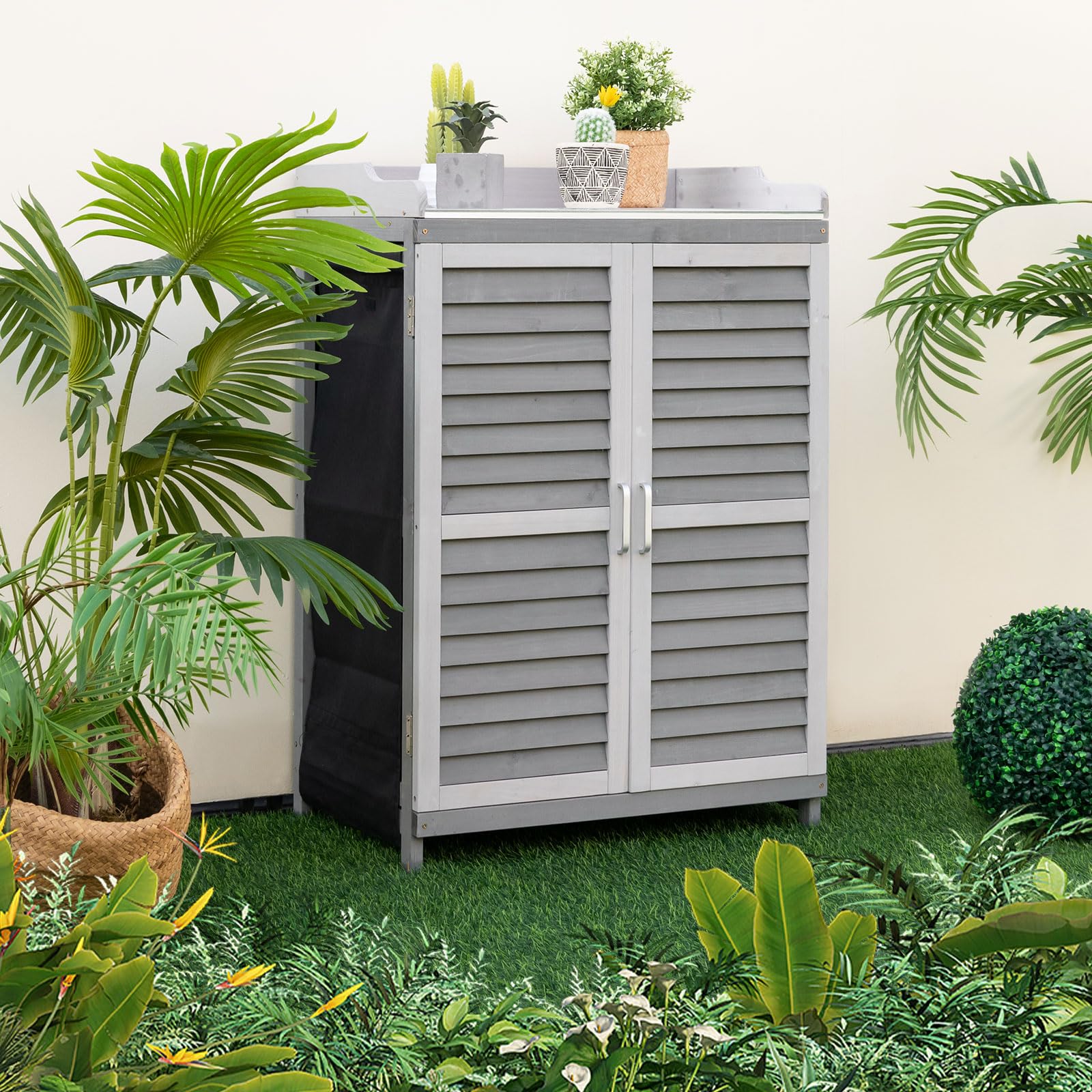 Outdoor Potting Bench Table, Garden Storage Cabinet w/Metal Tabletop