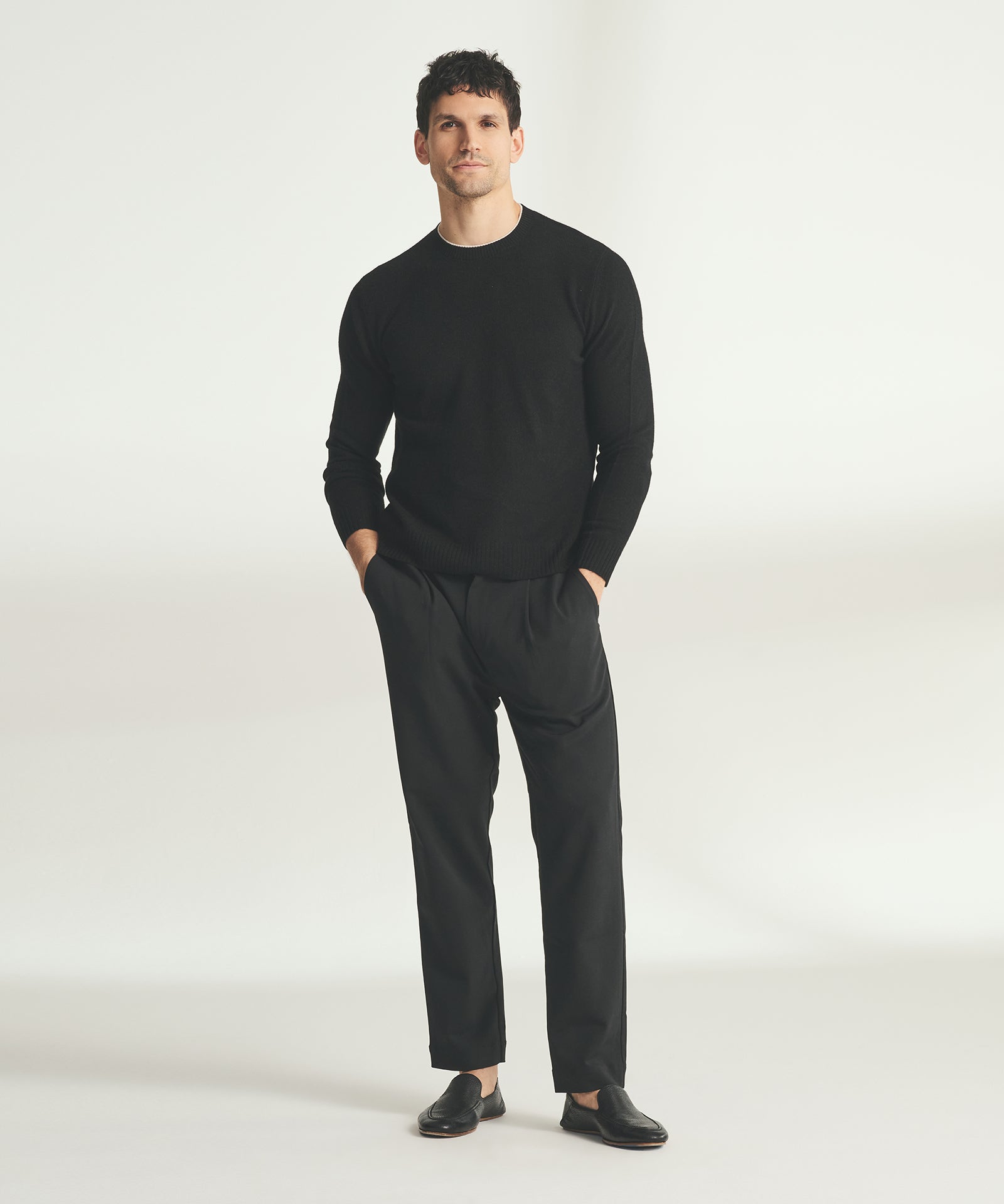 Lightweight Cashmere Contrast Trim Crewneck Sweater