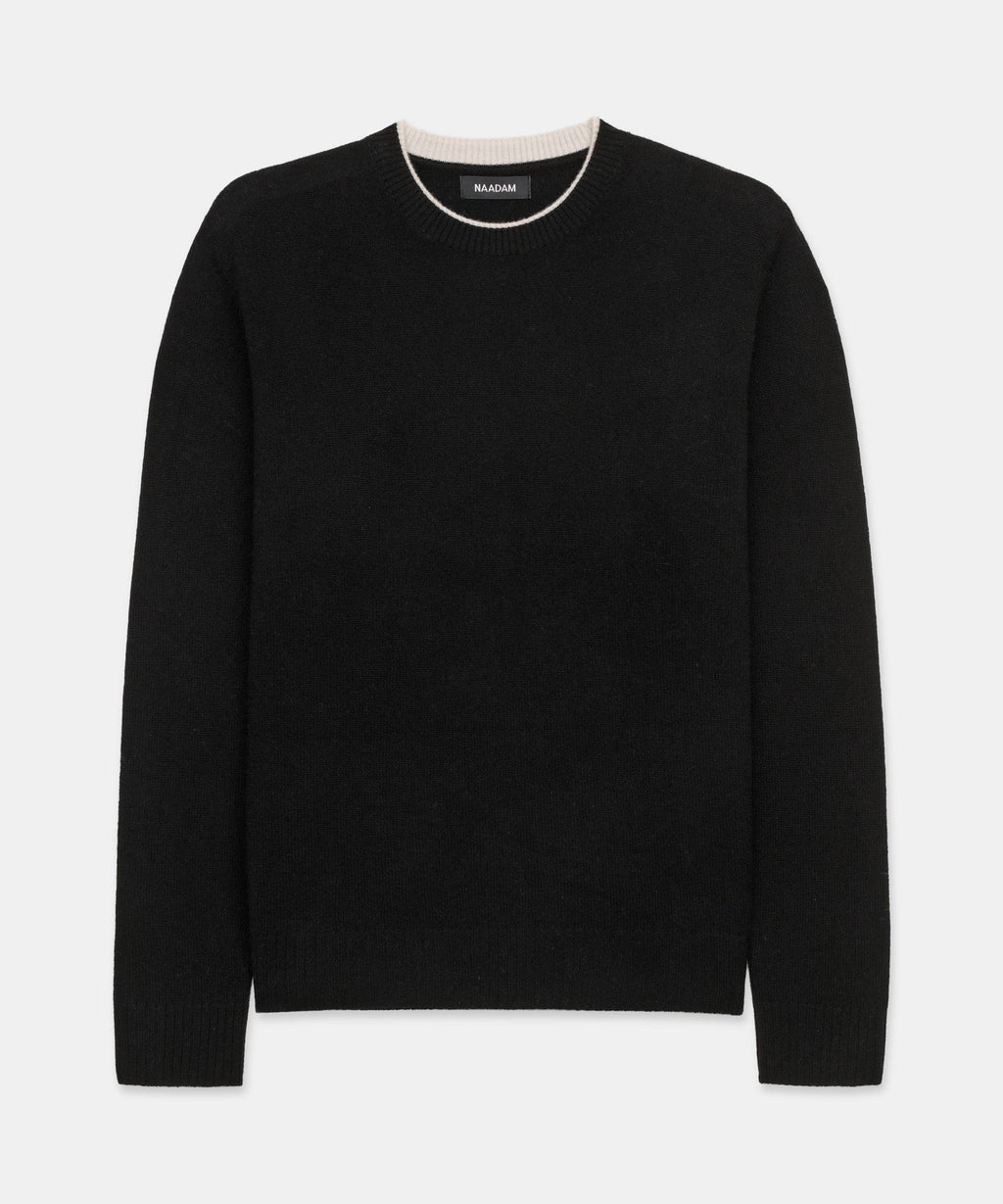 Lightweight Cashmere Contrast Trim Crewneck Sweater