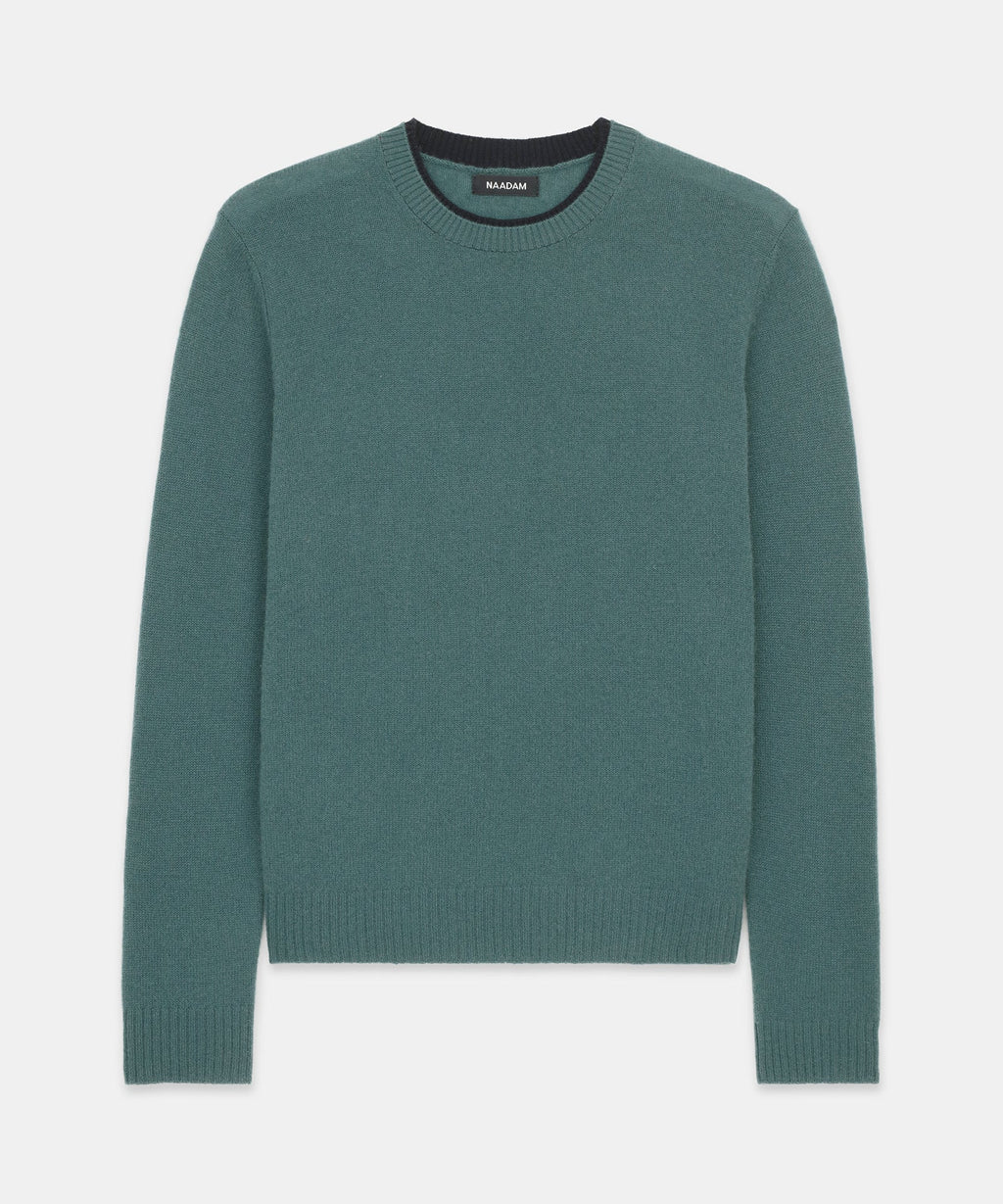 Lightweight Cashmere Contrast Trim Crewneck Sweater